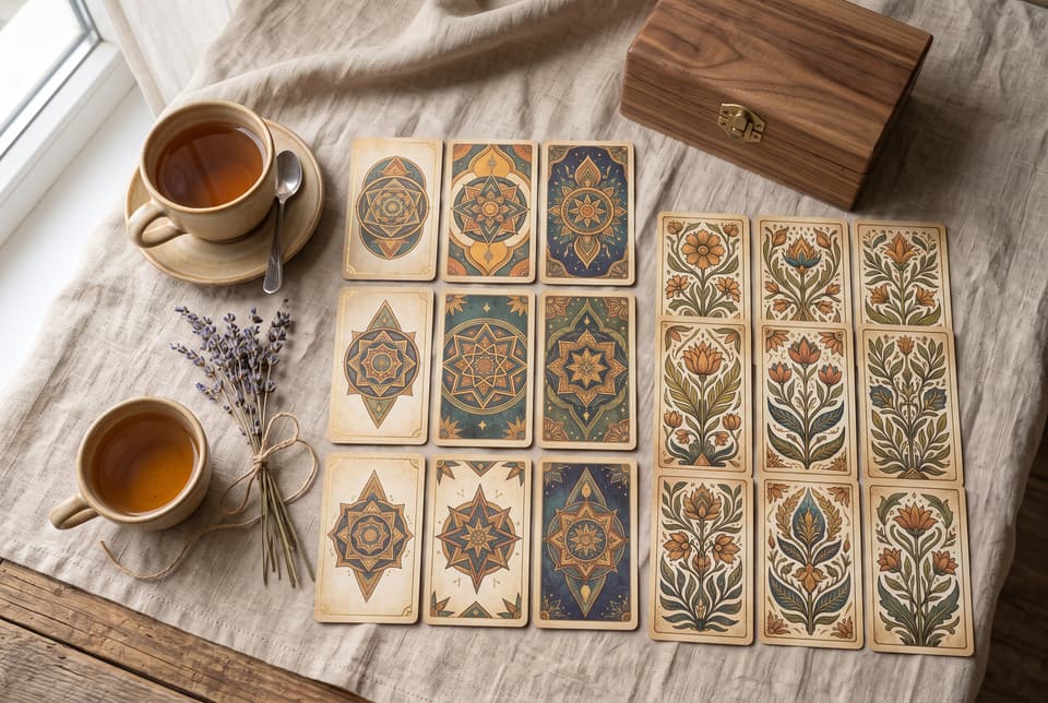 Des cartes illustrées étalées sur une nappe de lin, à côté d’une tasse de thé