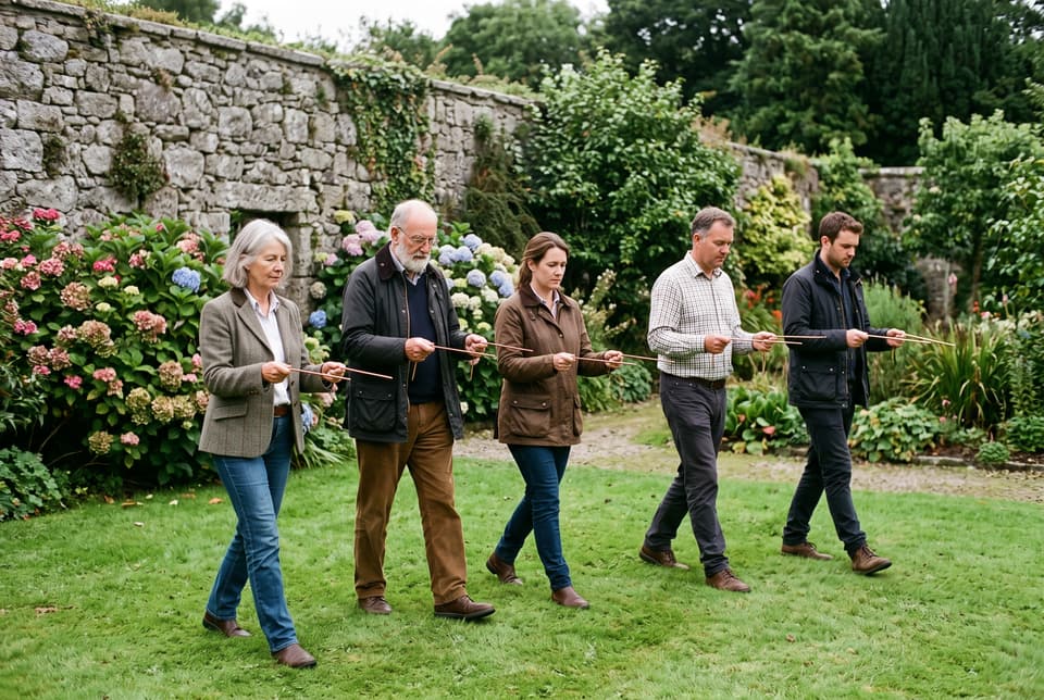 Un petit groupe d’élèves s’exerce aux baguettes dans un jardin clos