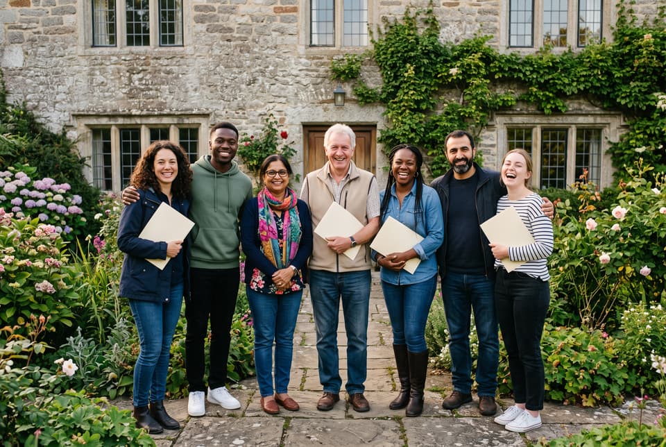 Des élèves souriants devant la maison de granite, à la fin d’un week-end de formation