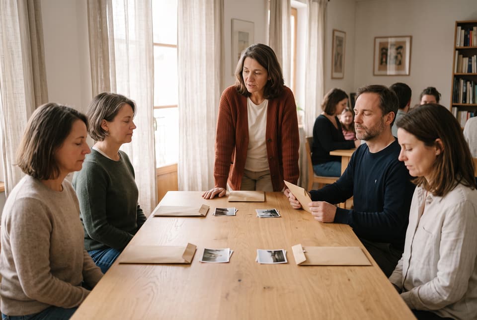 Mathilde Riou conduit un exercice de perception autour d’une longue table, une enveloppe fermée devant chaque élève