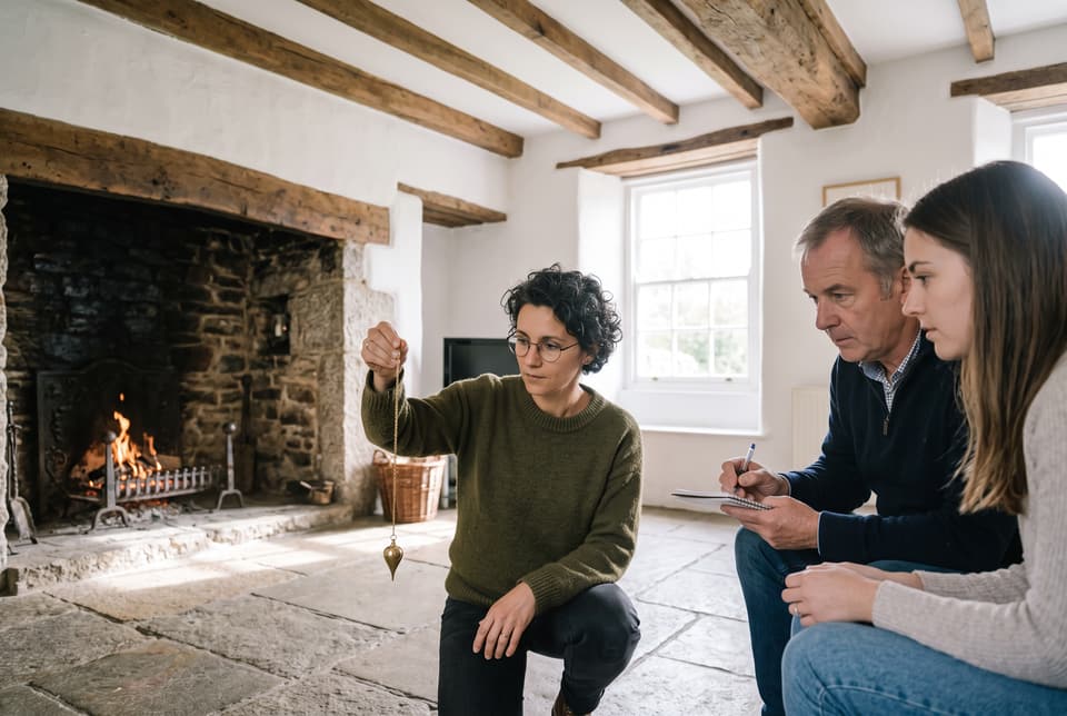 Anne Guillou tient un pendule dans le séjour d’une maison de granite, deux élèves prennent des notes