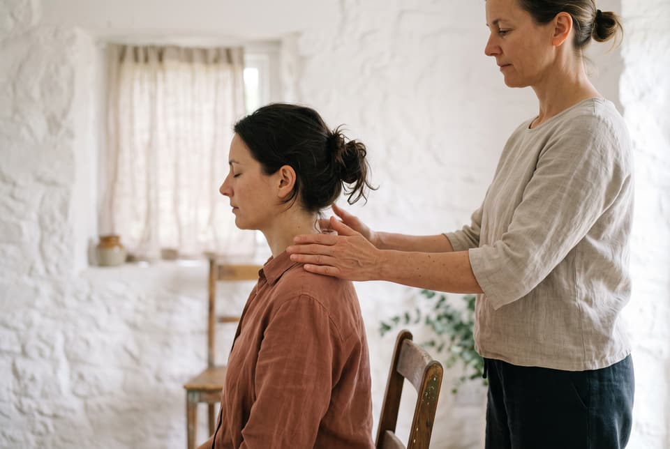 Pendant un exercice de magnétisme, une élève pose les mains sur les épaules d’une personne assise