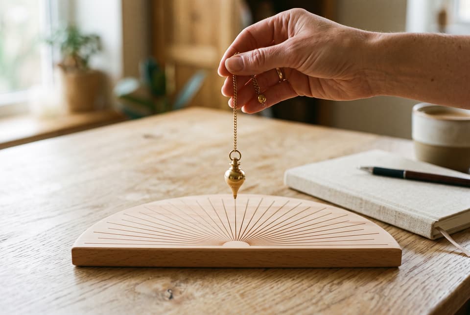 Une main tient un pendule de laiton au-dessus d’un cadran de bois gravé