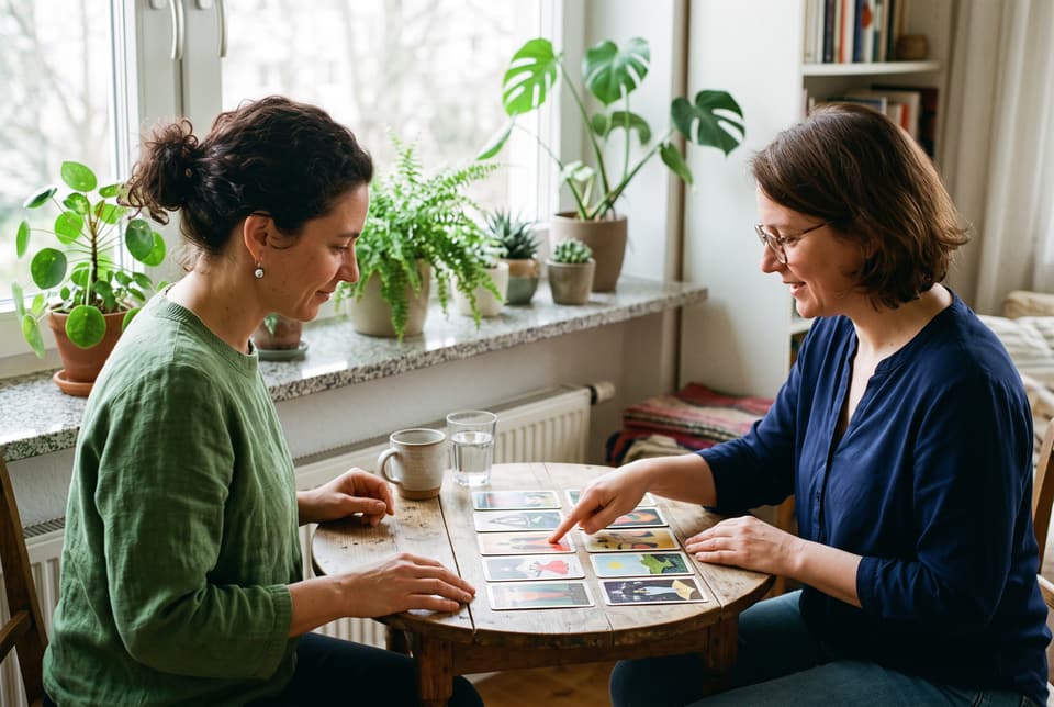 Deux élèves lisent un tirage de cartes face à face, à une petite table ronde