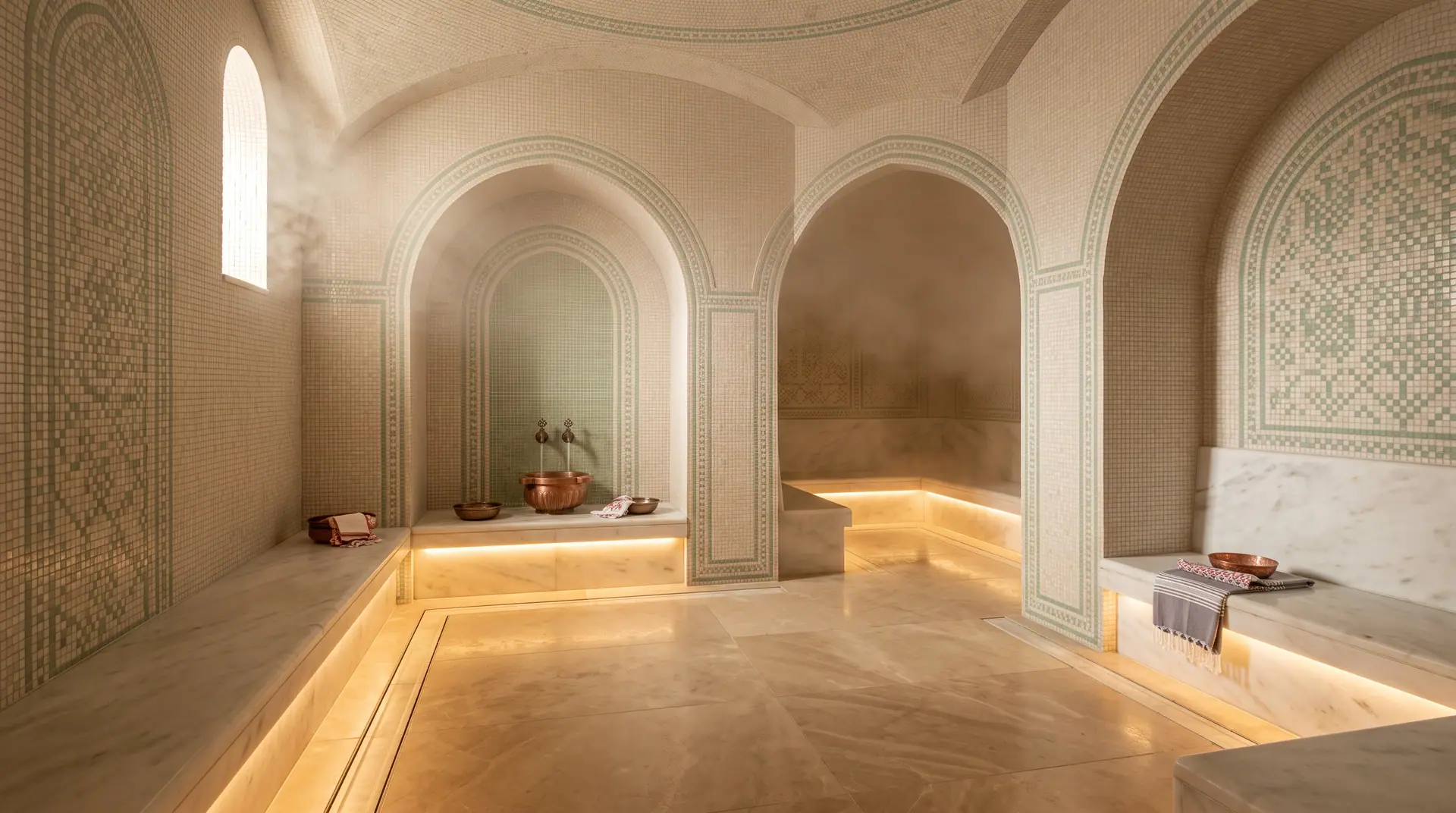 Salle de hammam voûtée, murs en mosaïque sable et vert doux, banquettes de pierre éclairées par le dessous, légère vapeur.