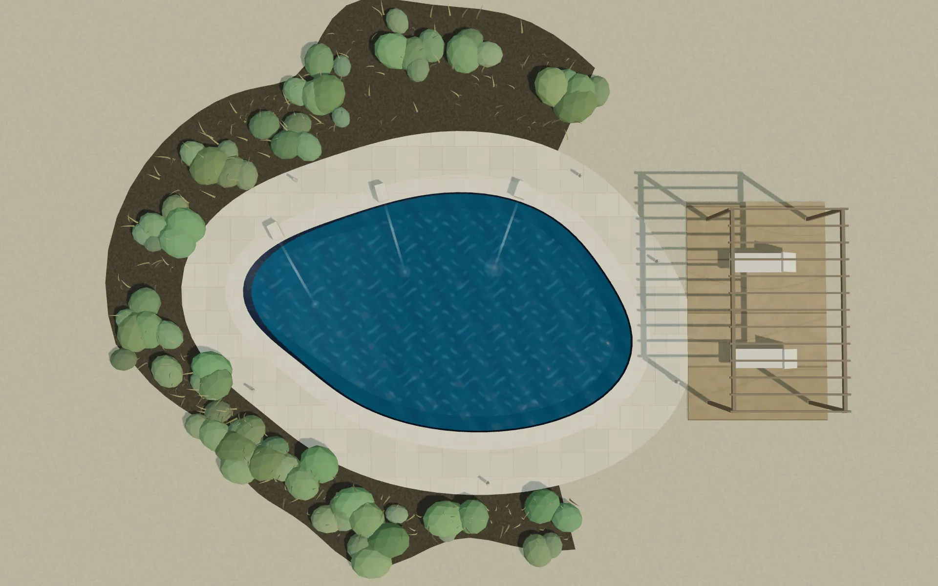Étude 3D de principe, vue de dessus : contour du bassin, plage immergée à gauche, position des trois jets sur la rive arrière, chemin sec périphérique et terrasse à droite. Non construit.