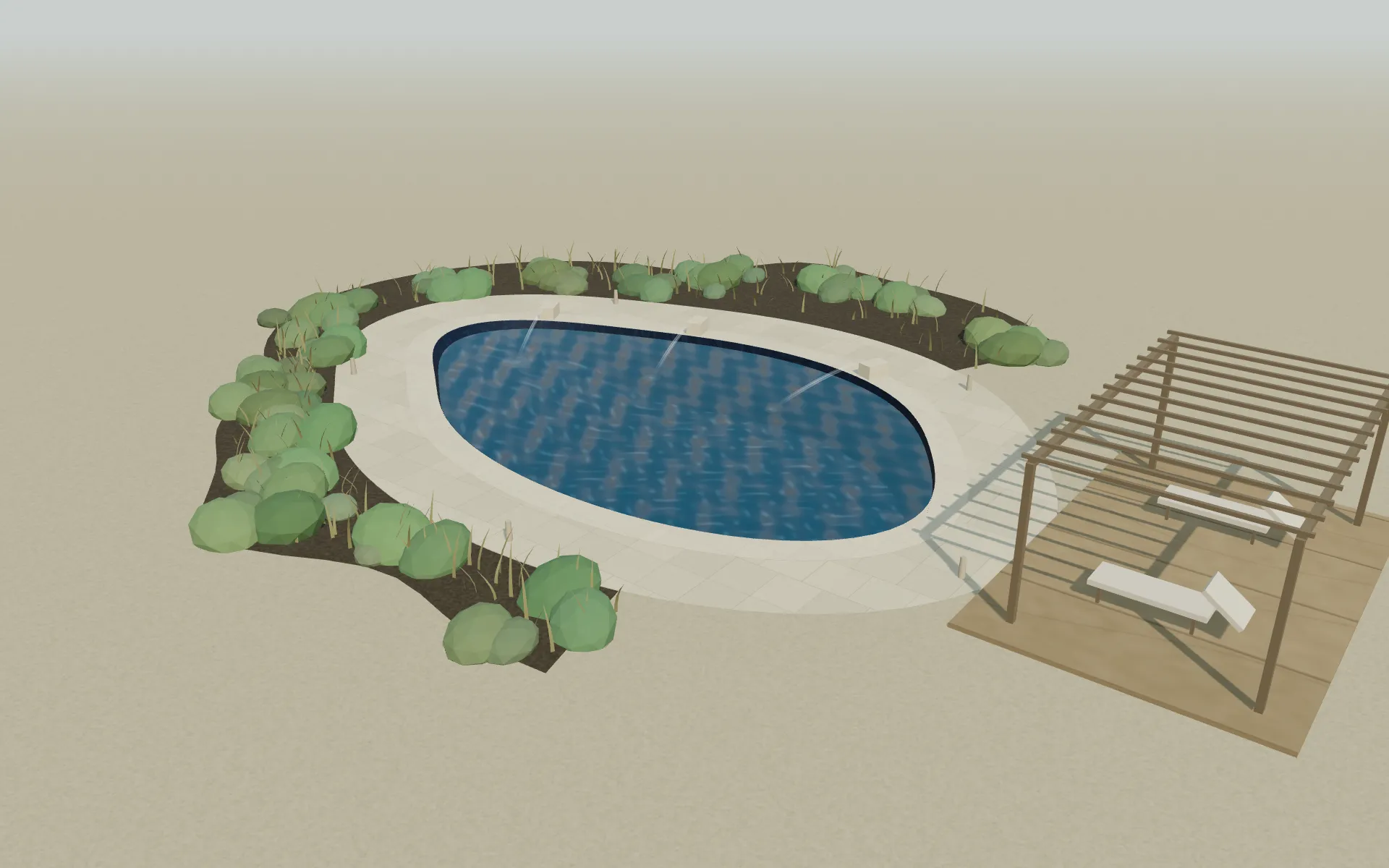 Étude 3D de principe, vue en perspective : bassin courbe, plage immergée en pente à gauche, trois jets bas sur la rive arrière, terrasse sèche et pergola à droite, chemin sec et végétation basse autour. Non construit.