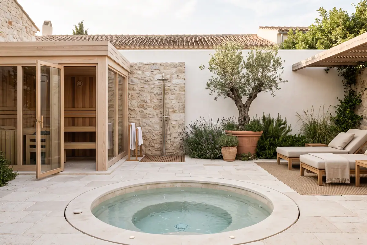 Illustration d’étude : patio avec bain à remous circulaire encastré et sauna vitré ouvert sur la cour.