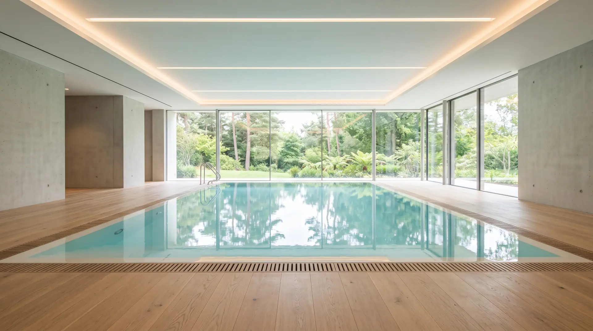 Piscine intérieure rectangulaire à débordement, entourée d’un parquet de chêne clair, plafond blanc éclairé de lignes lumineuses, grande baie sur un jardin.