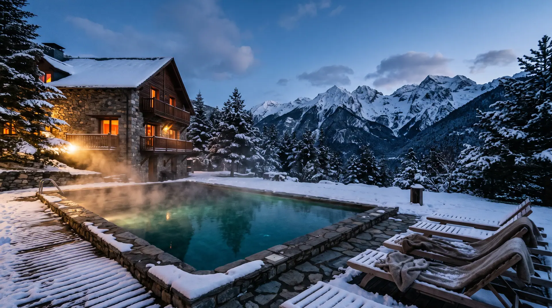 Bassin extérieur bordé de pierre sous la neige, vapeur flottant sur l’eau, chalet de pierre et de bois éclairé, montagnes enneigées au crépuscule.