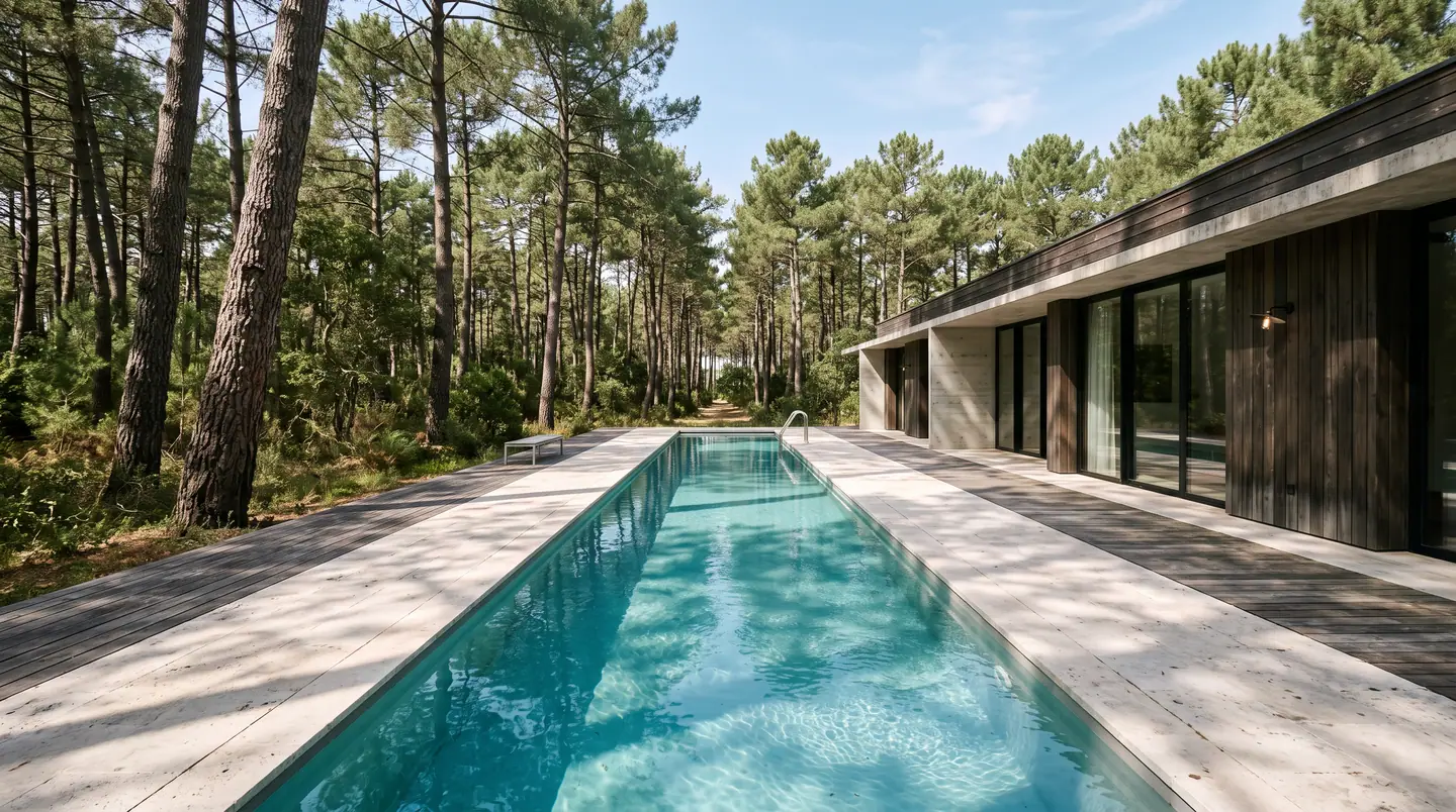 Long couloir de nage étroit entre deux plages de pierre claire, grands pins maritimes d’un côté, villa contemporaine de bois sombre de l’autre.