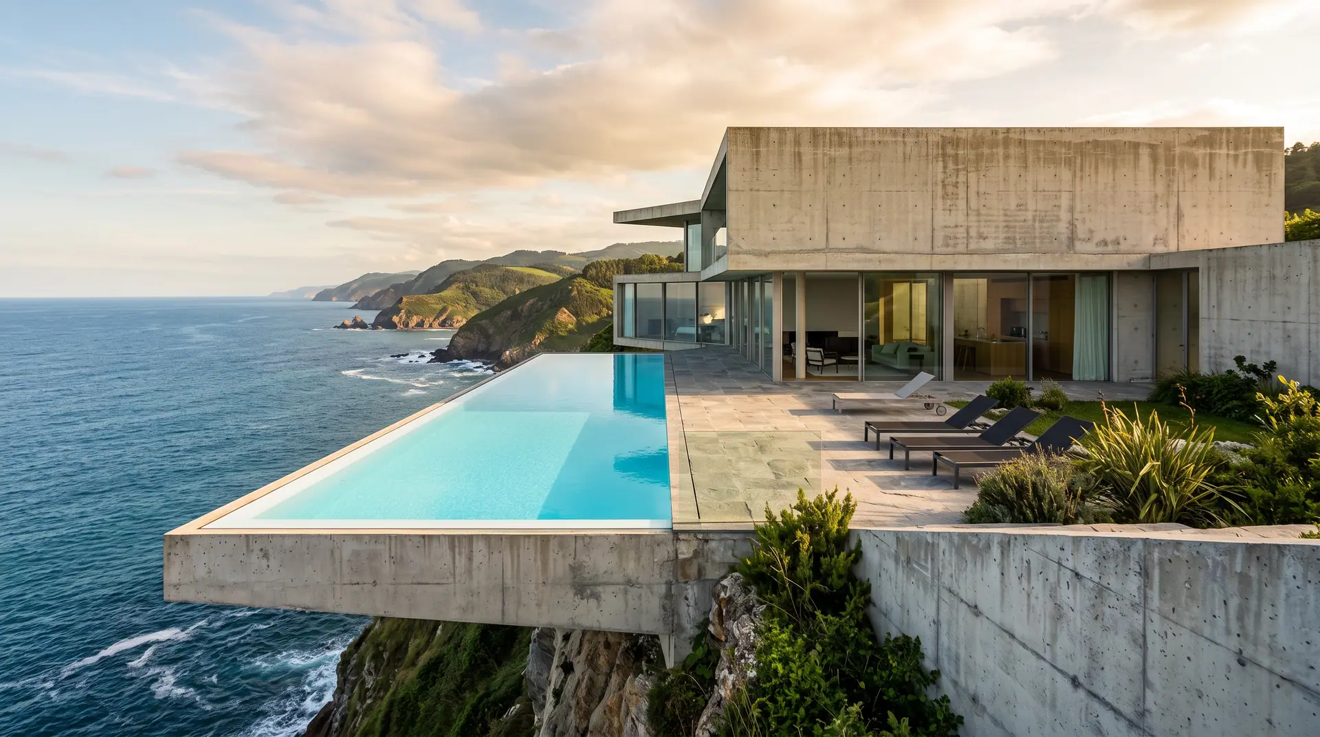 Bassin turquoise qui avance dans le vide au-dessus de l’océan, au bord d’une falaise verte, devant une villa de béton brut et de verre.