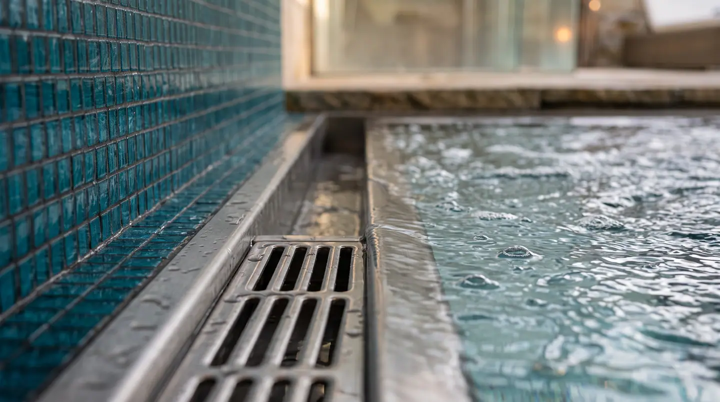 Gros plan sur une goulotte de débordement en inox à caillebotis, bordée de mosaïque bleu canard, l’eau d’un bain à remous affleurant.