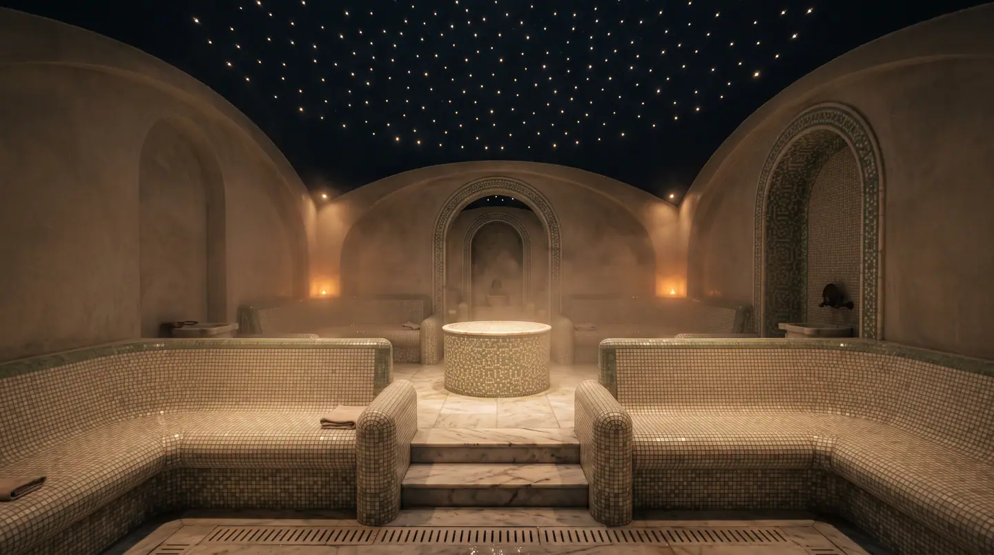 Plafond sombre d’un hammam piqué de petits points lumineux, au-dessus d’une niche cintrée.