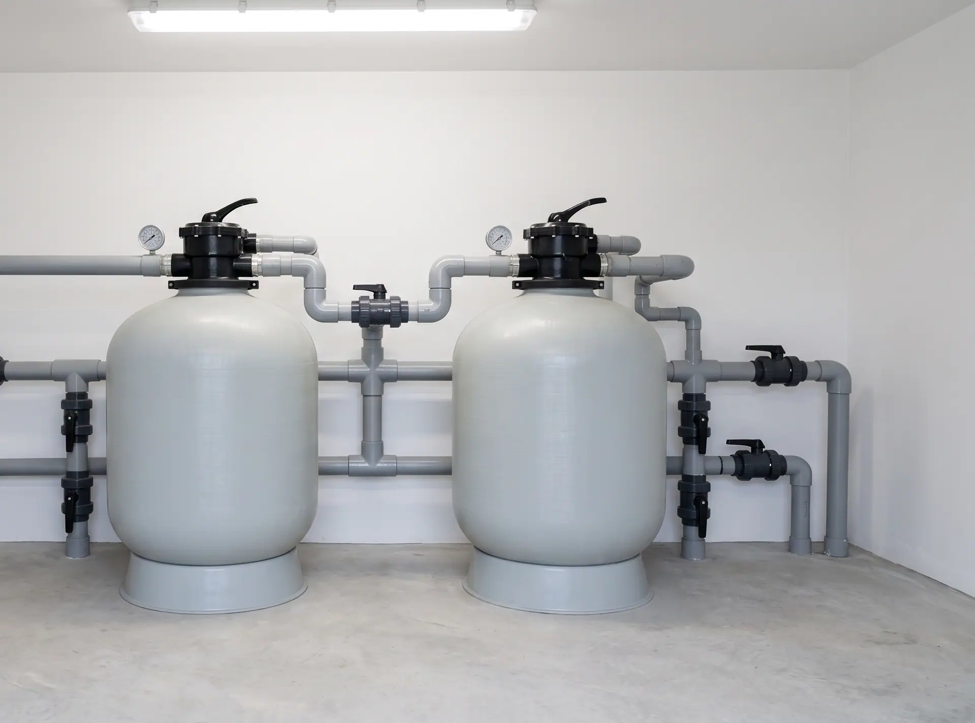 Vue de face de deux cuves de filtration gris clair reliées par un réseau de tuyaux PVC gris, dans un local blanc et propre.
