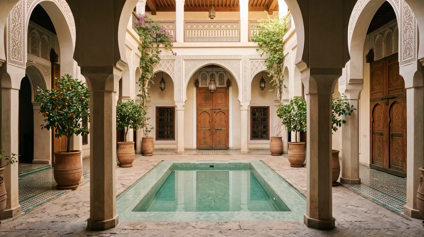 Patio d’une maison traditionnelle, bassin rectangulaire en zellige vert d’eau entouré d’arcs, d’orangers en pots et de portes en cèdre.