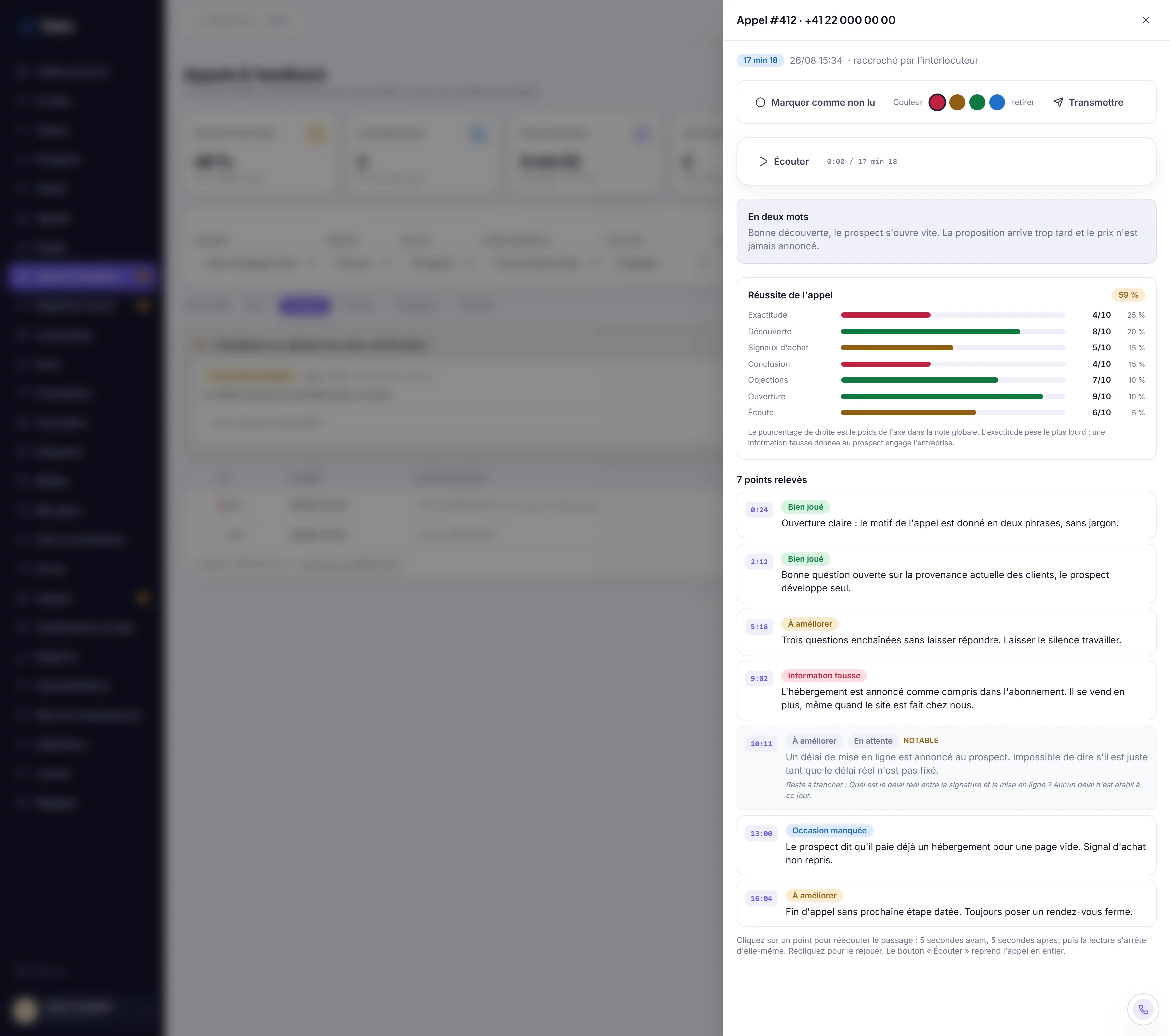 Détail d'un appel noté dans le CRM Tekio, avec sa réussite en pourcentage, ses axes de notation et ses points horodatés.