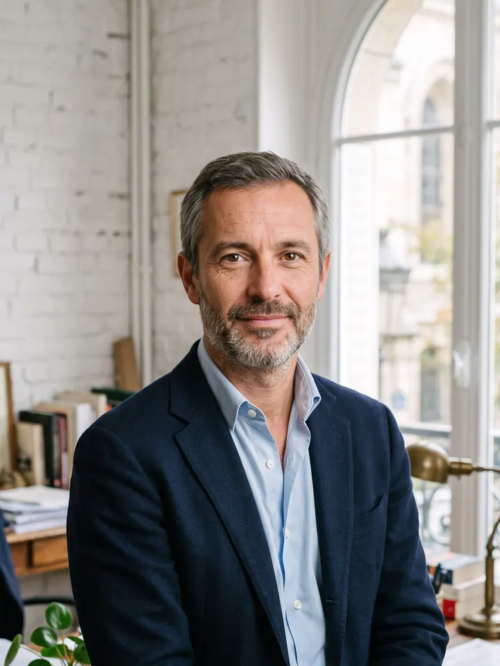 Portrait de Mathieu Leroux, gérant du cabinet Voussure, dans son bureau.
